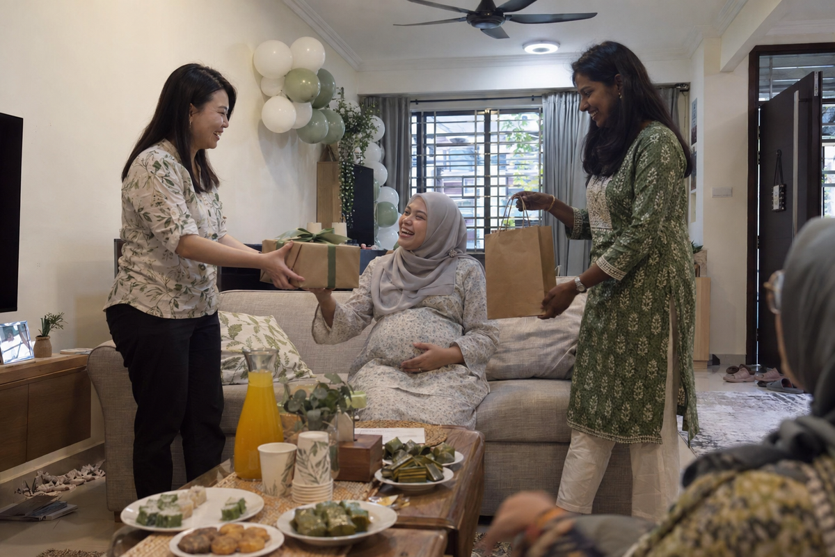 Friends handing baby shower gifts to a smiling mum-to-be at home