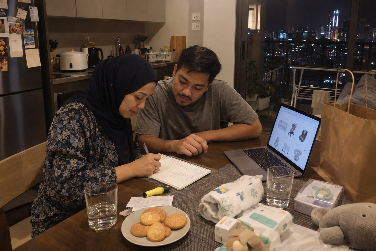 Young couple writing a newborn checklist together at their dining table at home