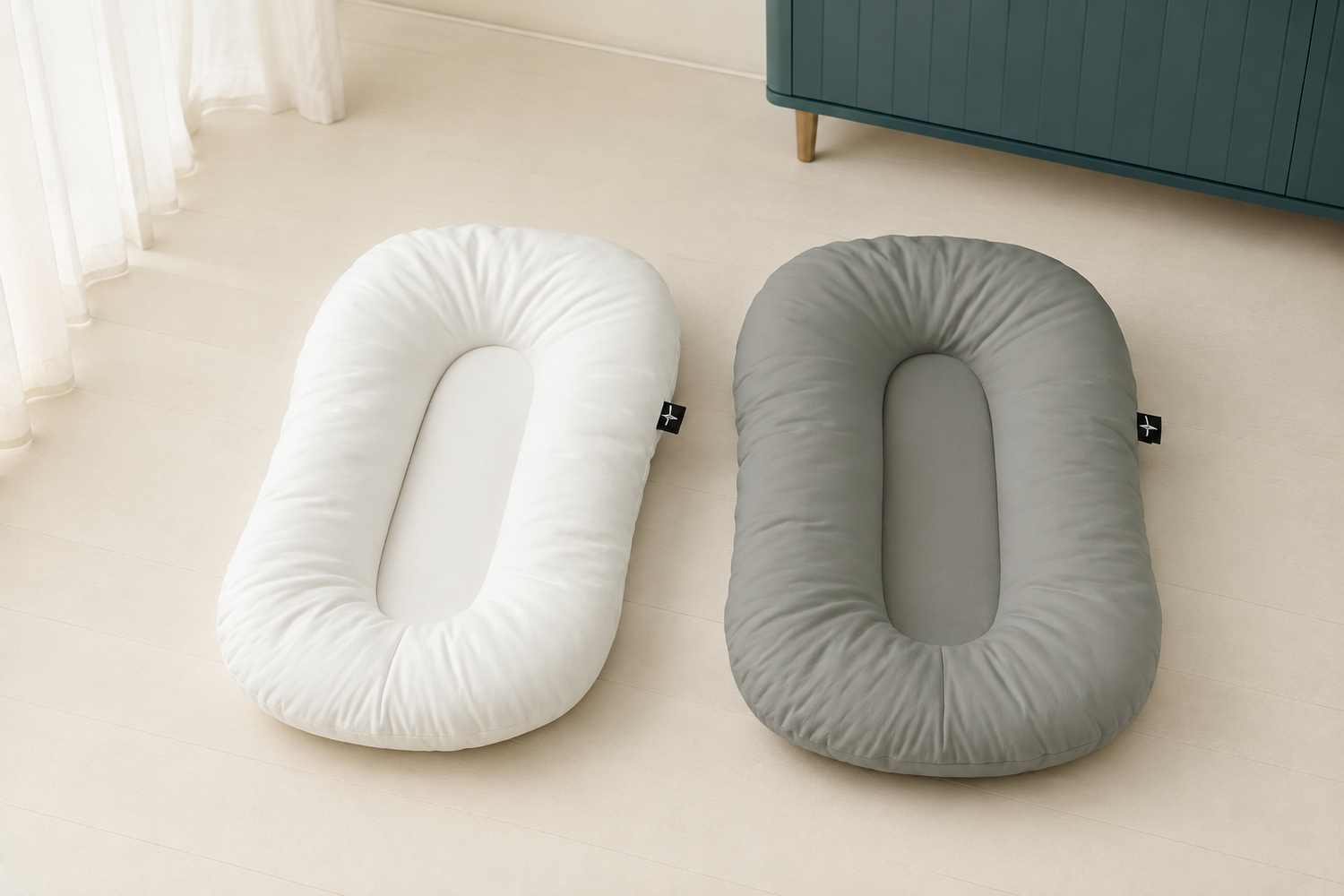 Cloud white and Ash grey-green Finest Touch loungers displayed side by side