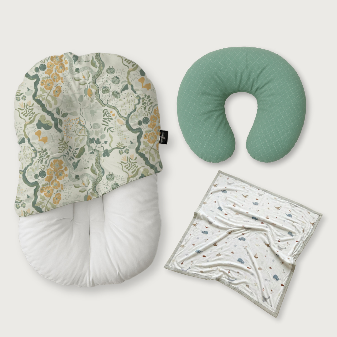 (Trio Bundle) Duck-Down Infant Lounger + Crescent Pillow + Bamboo Blanket