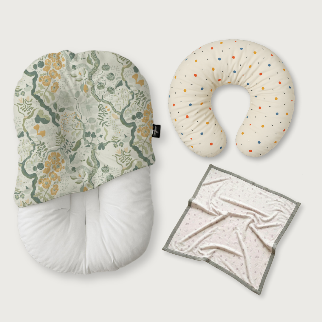 (Trio Bundle) Duck-Down Infant Lounger + Crescent Pillow + Bamboo Blanket
