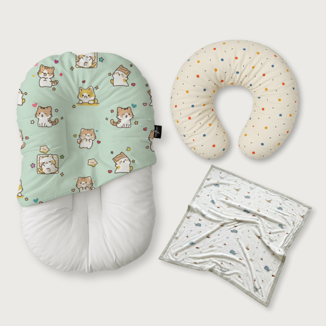 (Trio Bundle) Duck-Down Infant Lounger + Crescent Pillow + Bamboo Blanket