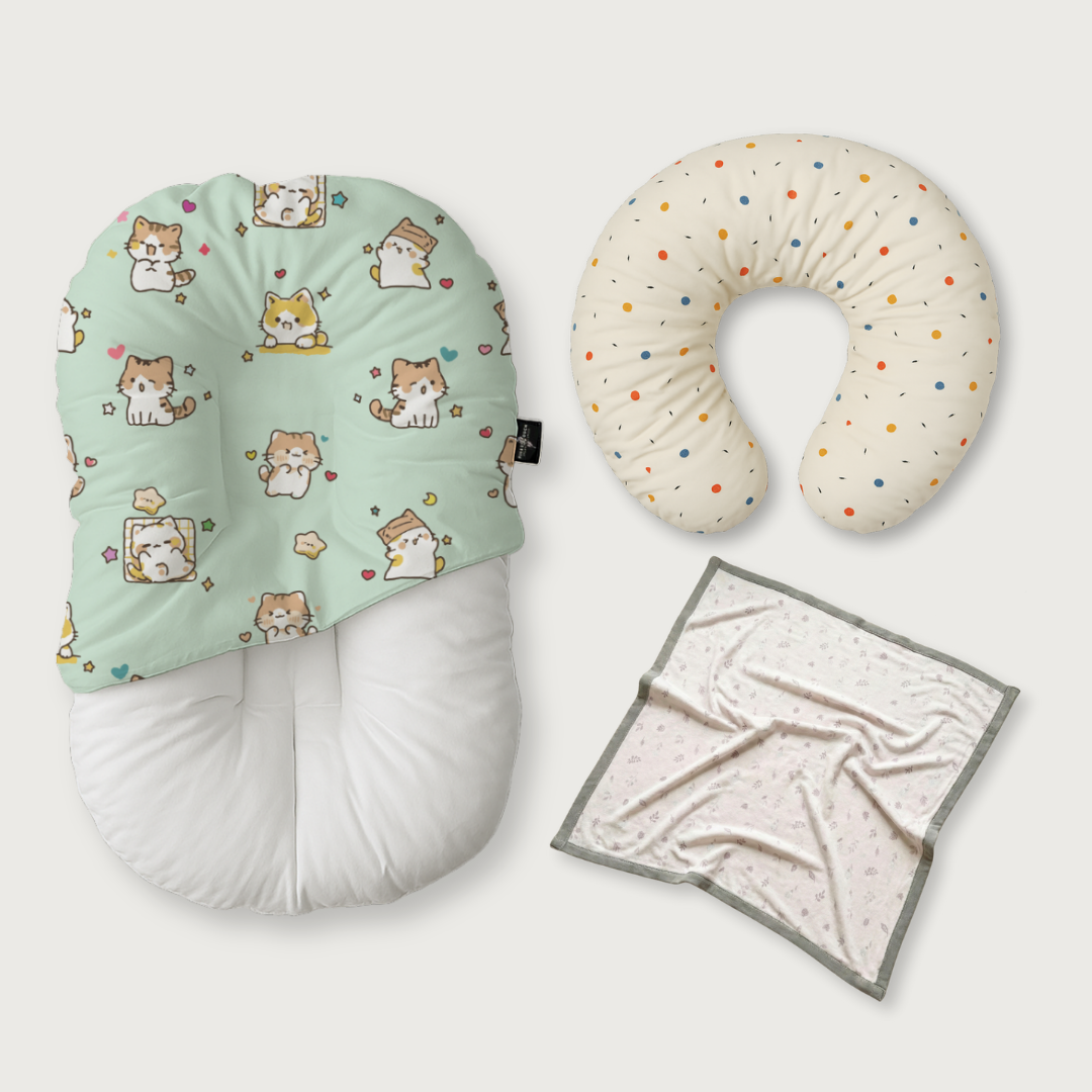 (Trio Bundle) Duck-Down Infant Lounger + Crescent Pillow + Bamboo Blanket