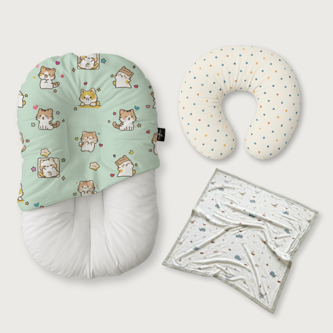 (Trio Bundle) Duck-Down Infant Lounger + Crescent Pillow + Bamboo Blanket
