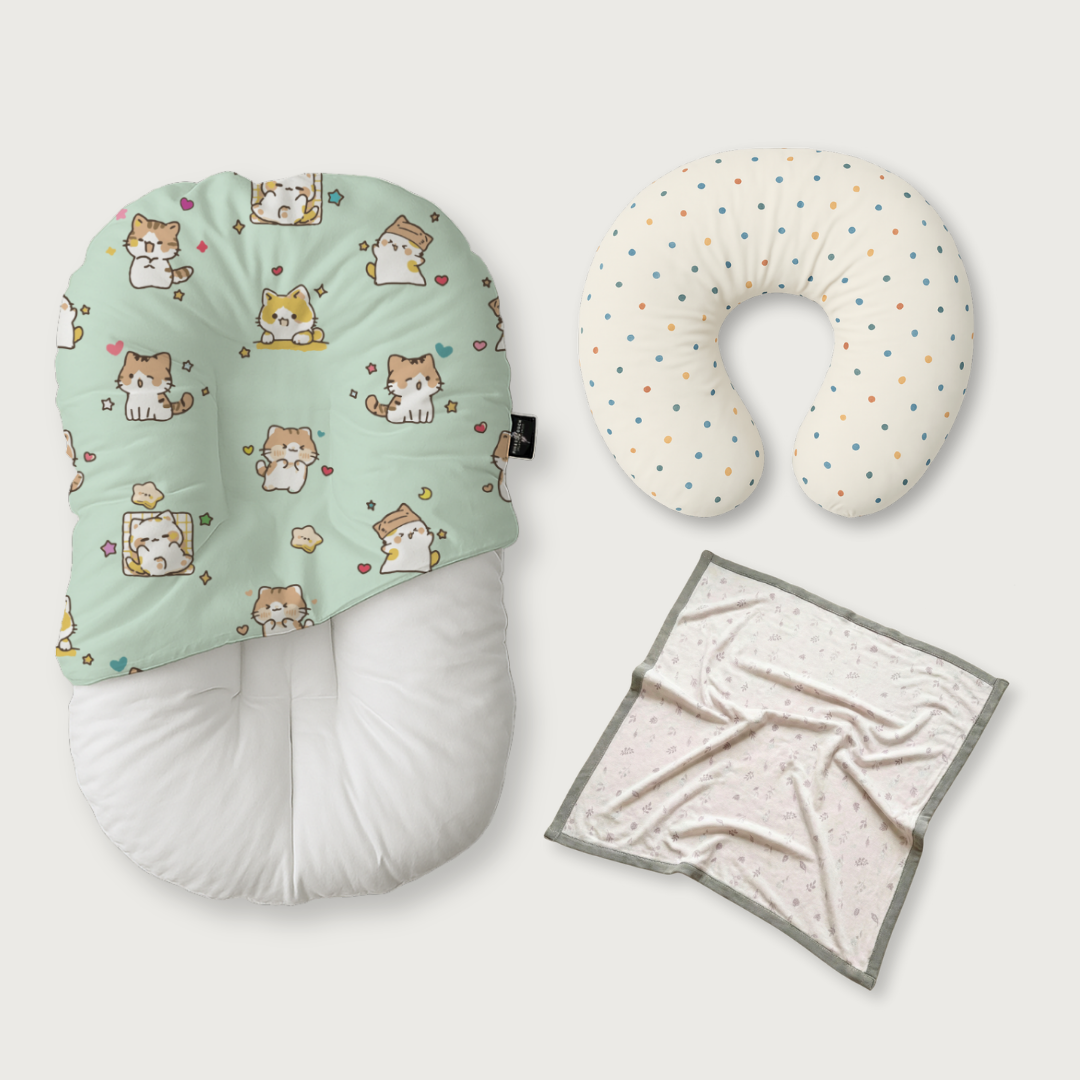 (Trio Bundle) Duck-Down Infant Lounger + Crescent Pillow + Bamboo Blanket