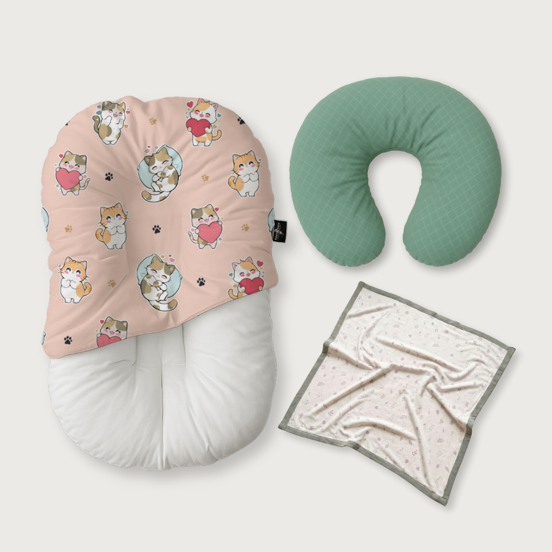 (Trio Bundle) Duck-Down Infant Lounger + Crescent Pillow + Bamboo Blanket