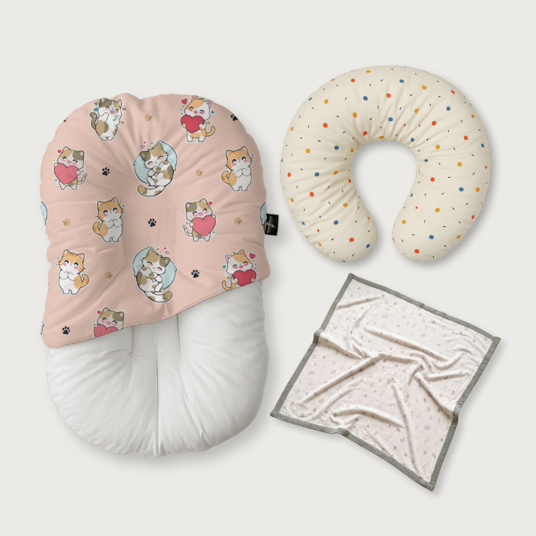 (Trio Bundle) Duck-Down Infant Lounger + Crescent Pillow + Bamboo Blanket