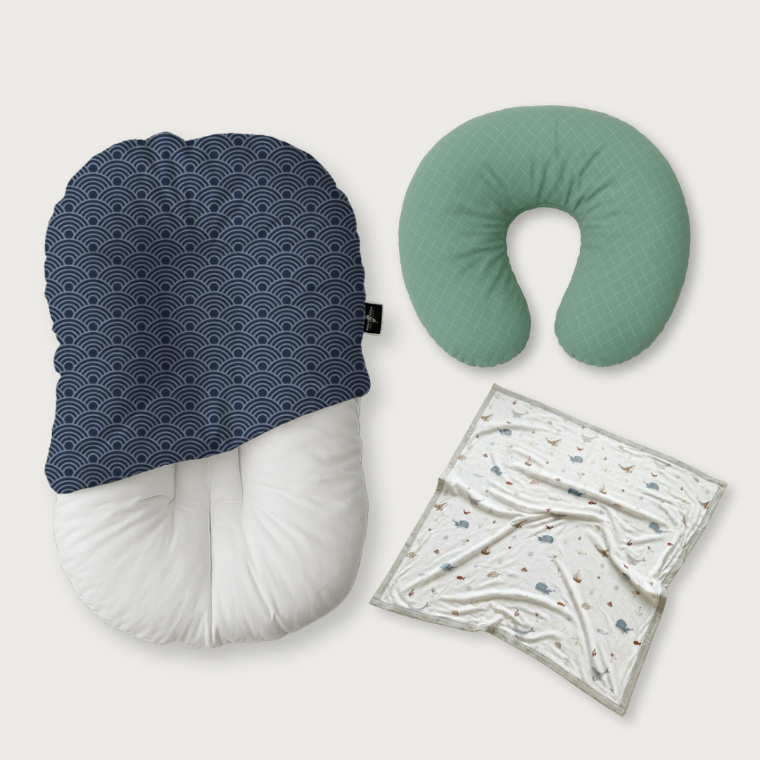 (Trio Bundle) Duck-Down Infant Lounger + Crescent Pillow + Bamboo Blanket