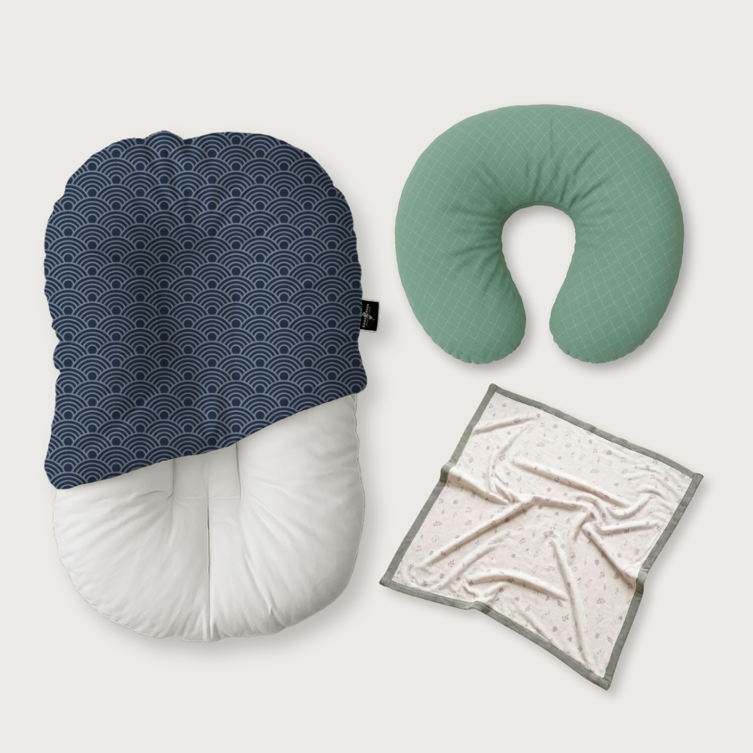 (Trio Bundle) Duck-Down Infant Lounger + Crescent Pillow + Bamboo Blanket