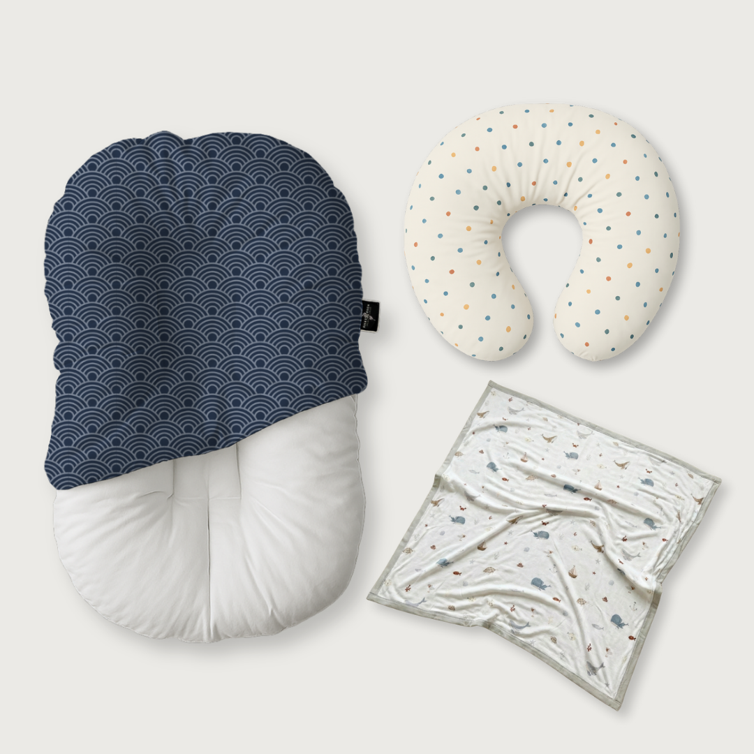 (Trio Bundle) Duck-Down Infant Lounger + Crescent Pillow + Bamboo Blanket