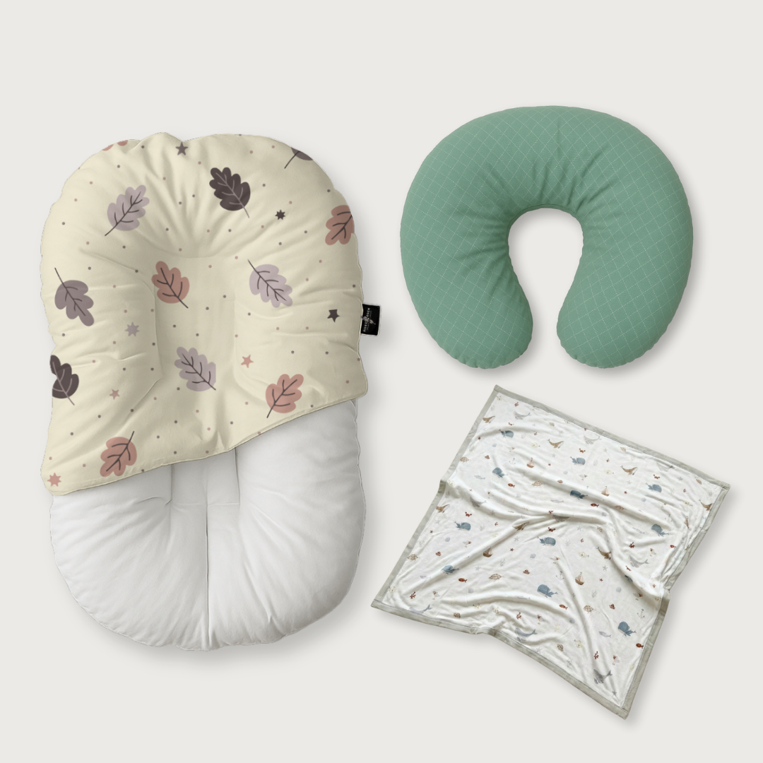 (Trio Bundle) Duck-Down Infant Lounger + Crescent Pillow + Bamboo Blanket