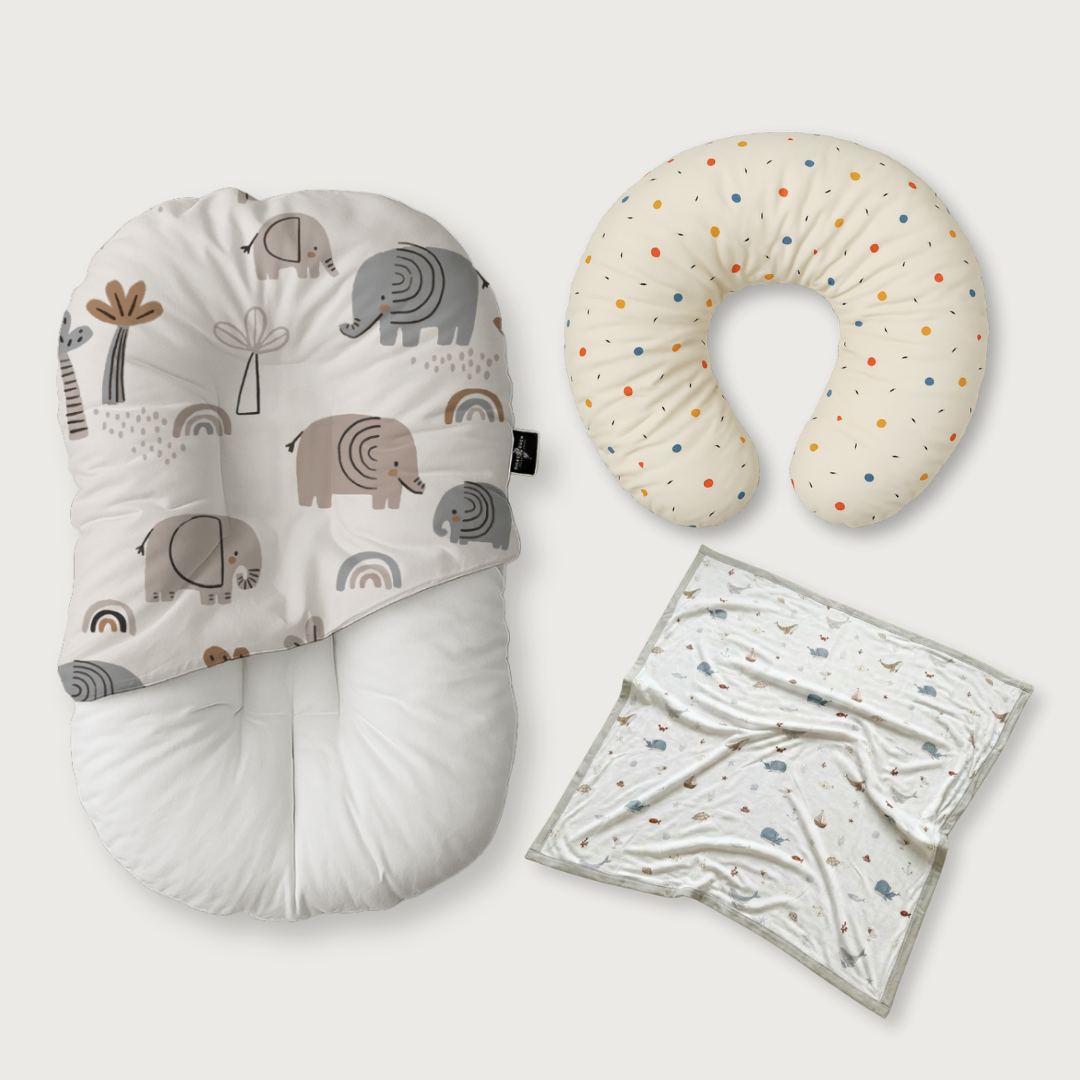 (Trio Bundle) Duck-Down Infant Lounger + Crescent Pillow + Bamboo Blanket
