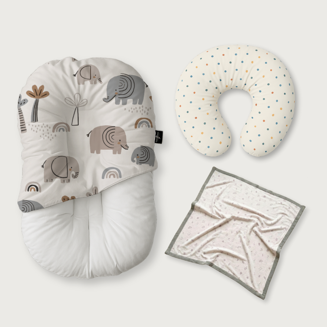 (Trio Bundle) Duck-Down Infant Lounger + Crescent Pillow + Bamboo Blanket
