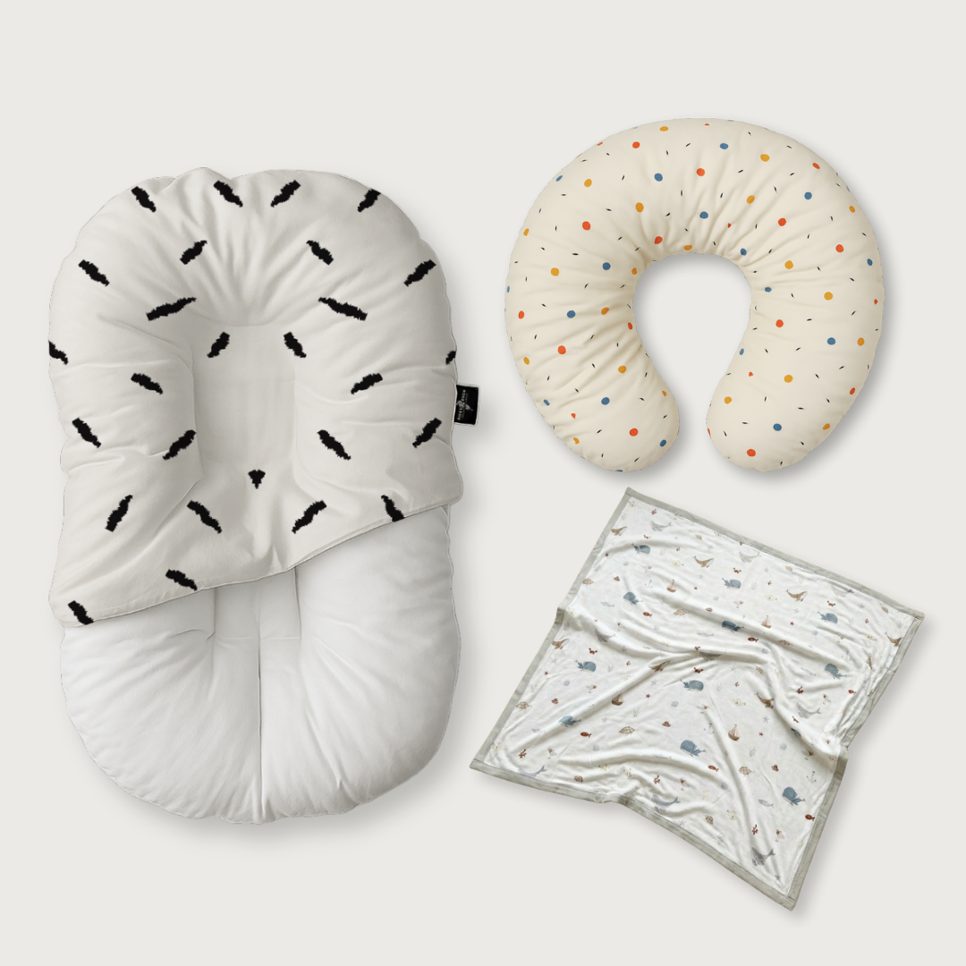 (Trio Bundle) Duck-Down Infant Lounger + Crescent Pillow + Bamboo Blanket