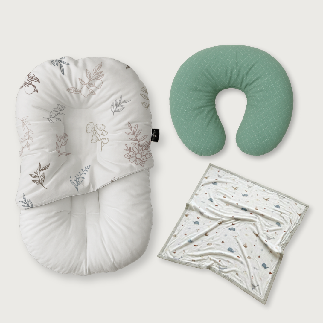 (Trio Bundle) Duck-Down Infant Lounger + Crescent Pillow + Bamboo Blanket