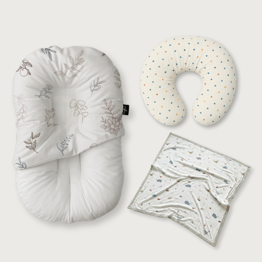 (Trio Bundle) Duck-Down Infant Lounger + Crescent Pillow + Bamboo Blanket