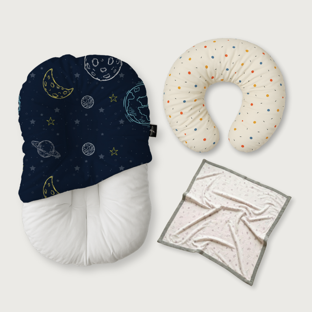 (Trio Bundle) Duck-Down Infant Lounger + Crescent Pillow + Bamboo Blanket