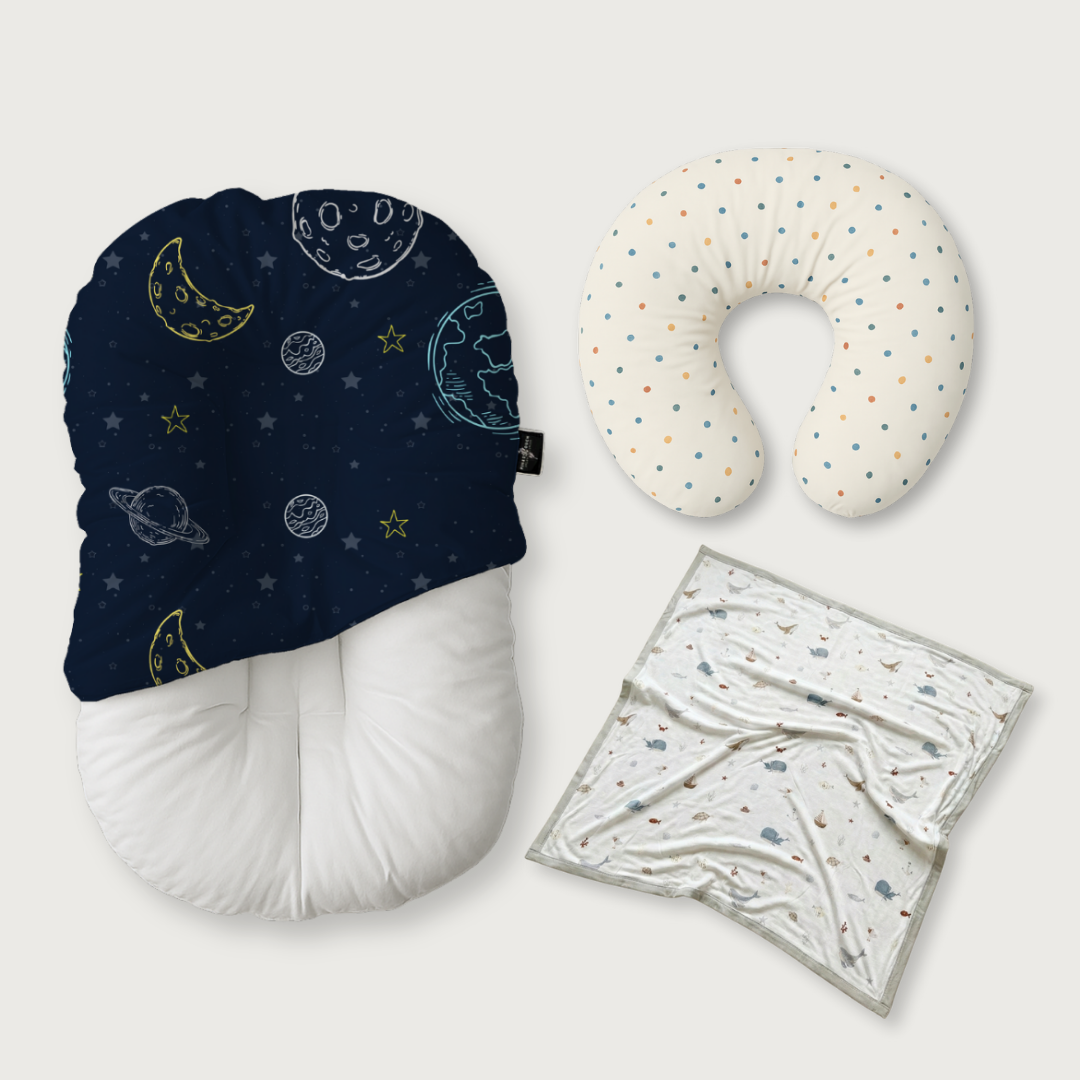 (Trio Bundle) Duck-Down Infant Lounger + Crescent Pillow + Bamboo Blanket