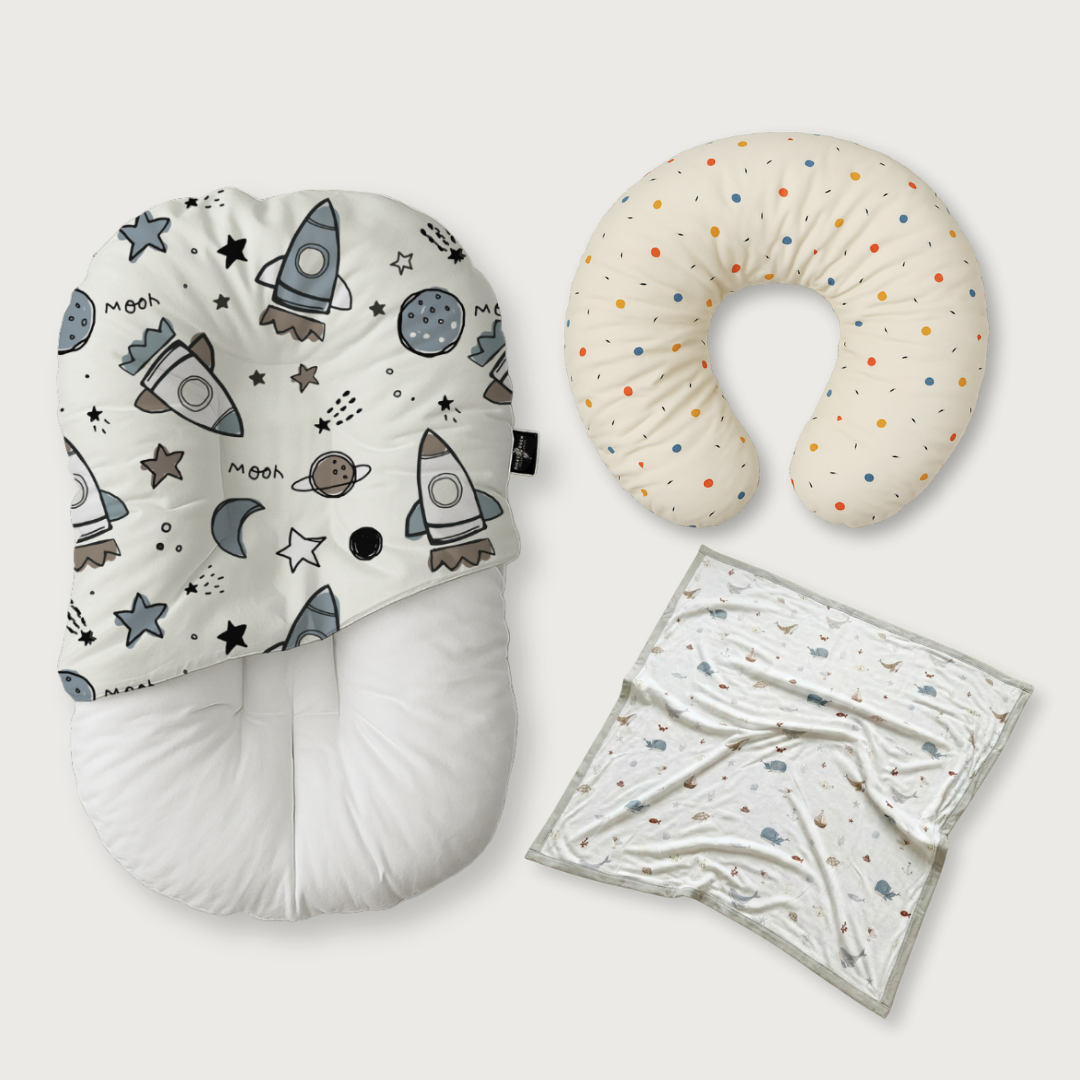 (Trio Bundle) Duck-Down Infant Lounger + Crescent Pillow + Bamboo Blanket
