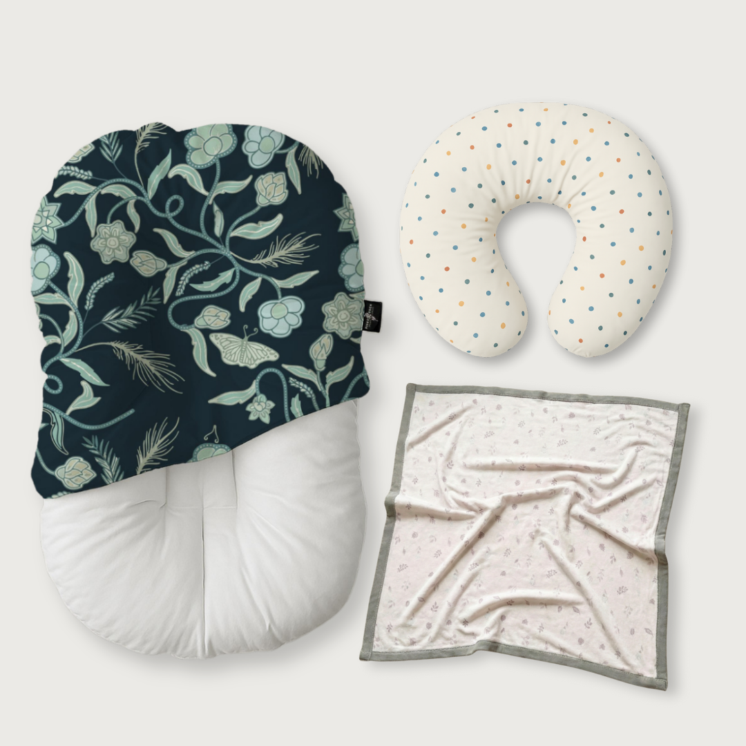 (Trio Bundle) Duck-Down Infant Lounger + Crescent Pillow + Bamboo Blanket