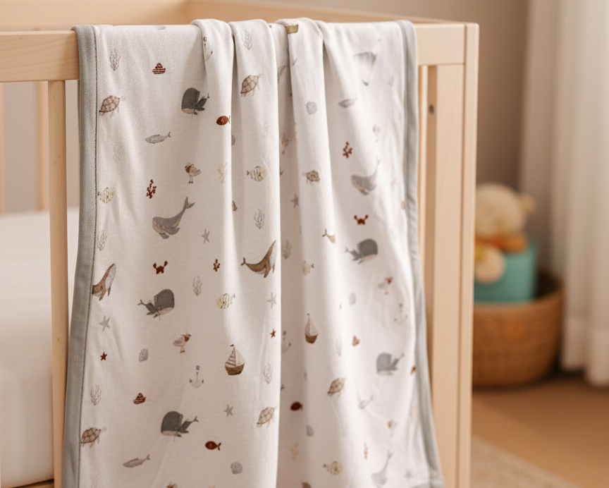 Baby crib with a patterned blanket draped over it in a nursery setting.