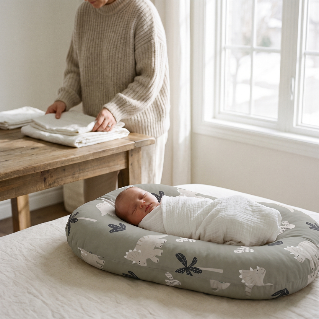 A parent folding clothes beside a baby in a printed Finest Touch lounger