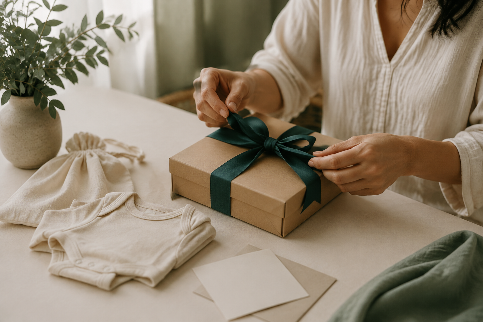 A baby shower gift wrapped with a teal ribbon