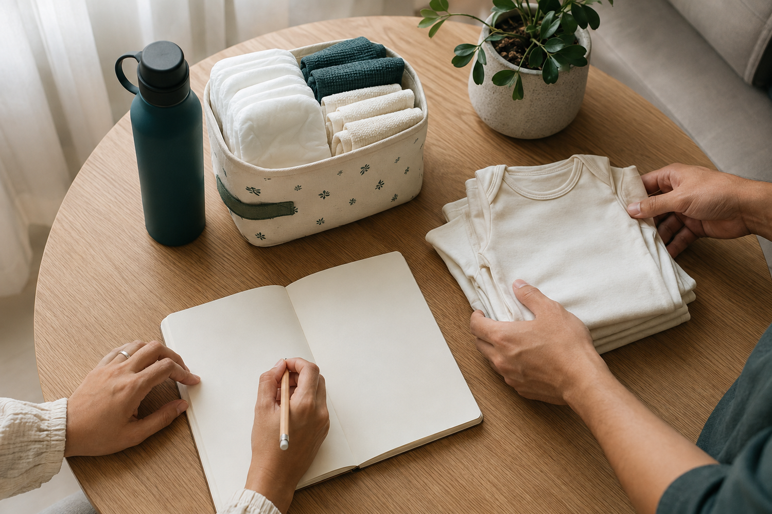 Parents preparing a checklist and baby essentials at home