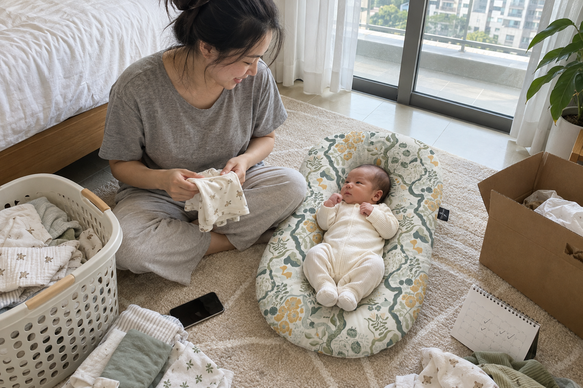 Mum folding baby laundry beside her awake baby on a Finest Touch lounger