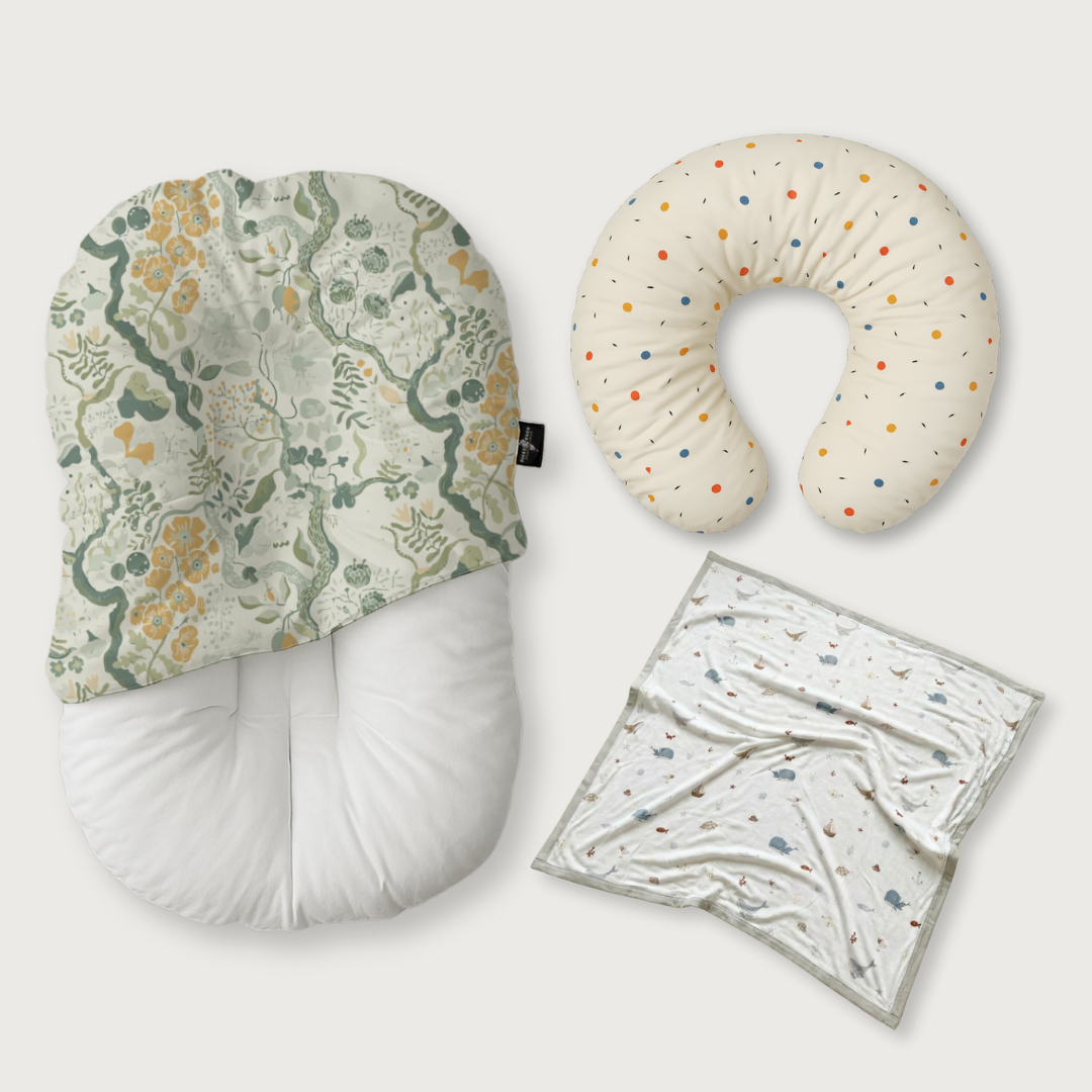 (Trio Bundle) Duck-Down Infant Lounger + Crescent Pillow + Bamboo Blanket