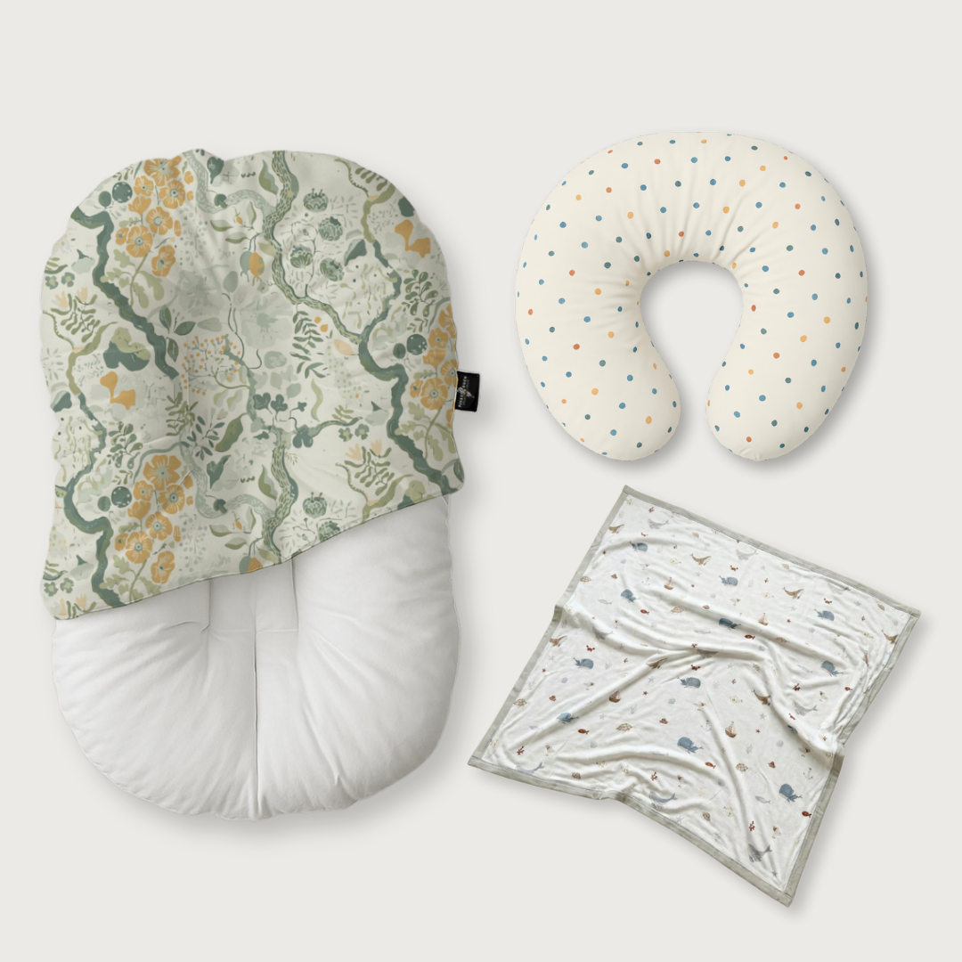 (Trio Bundle) Duck-Down Infant Lounger + Crescent Pillow + Bamboo Blanket