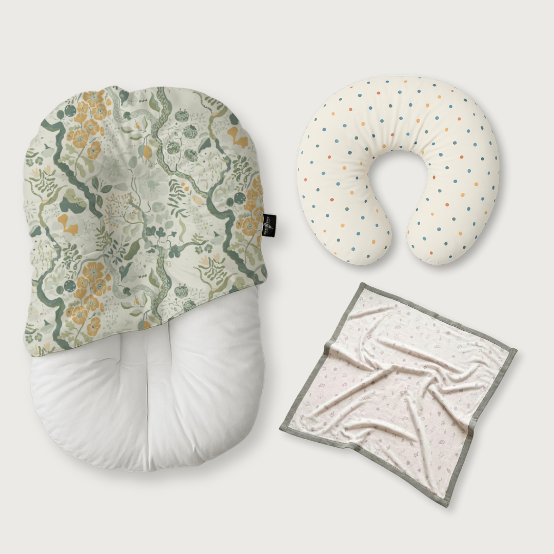 (Trio Bundle) Duck-Down Infant Lounger + Crescent Pillow + Bamboo Blanket