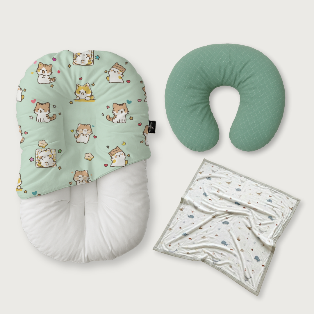 (Trio Bundle) Duck-Down Infant Lounger + Crescent Pillow + Bamboo Blanket