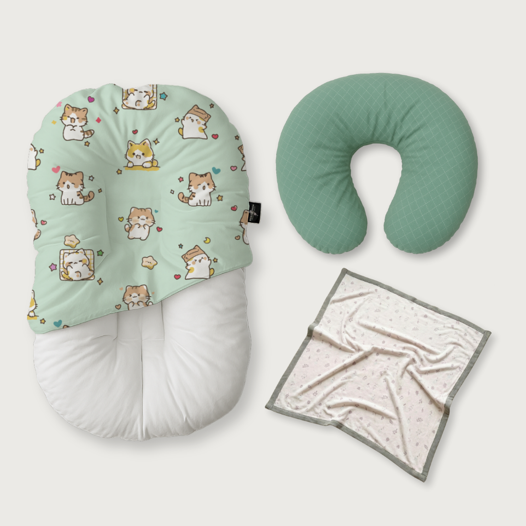 (Trio Bundle) Duck-Down Infant Lounger + Crescent Pillow + Bamboo Blanket