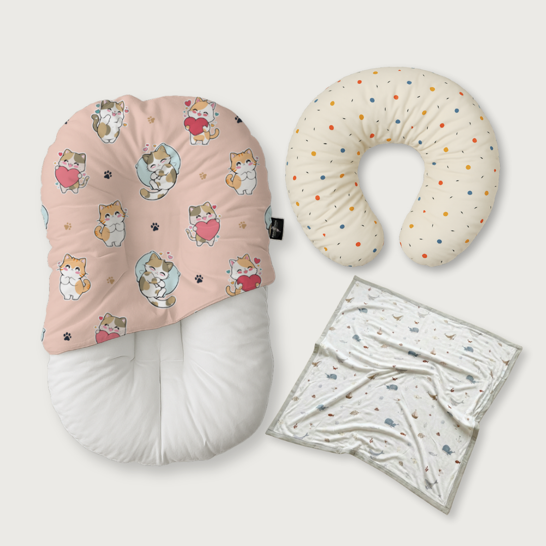 (Trio Bundle) Duck-Down Infant Lounger + Crescent Pillow + Bamboo Blanket