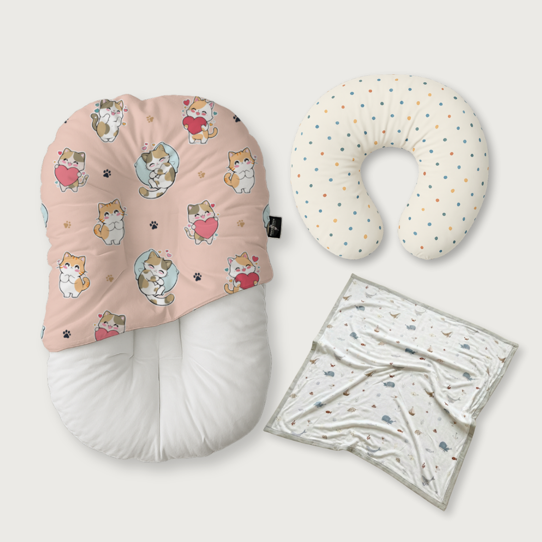 (Trio Bundle) Duck-Down Infant Lounger + Crescent Pillow + Bamboo Blanket