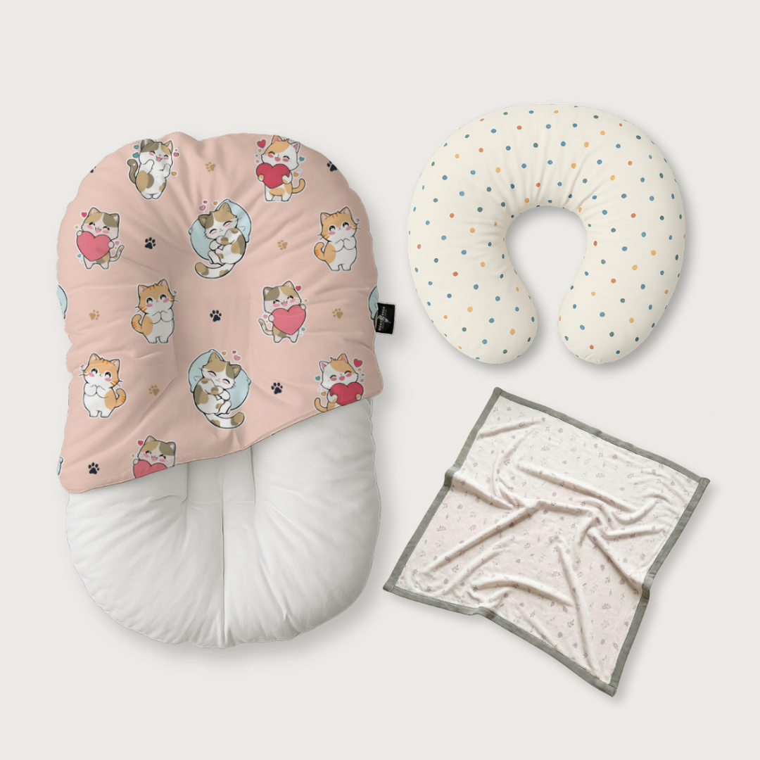 (Trio Bundle) Duck-Down Infant Lounger + Crescent Pillow + Bamboo Blanket