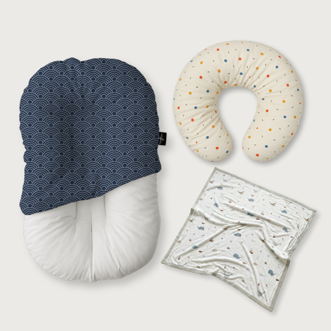 (Trio Bundle) Duck-Down Infant Lounger + Crescent Pillow + Bamboo Blanket