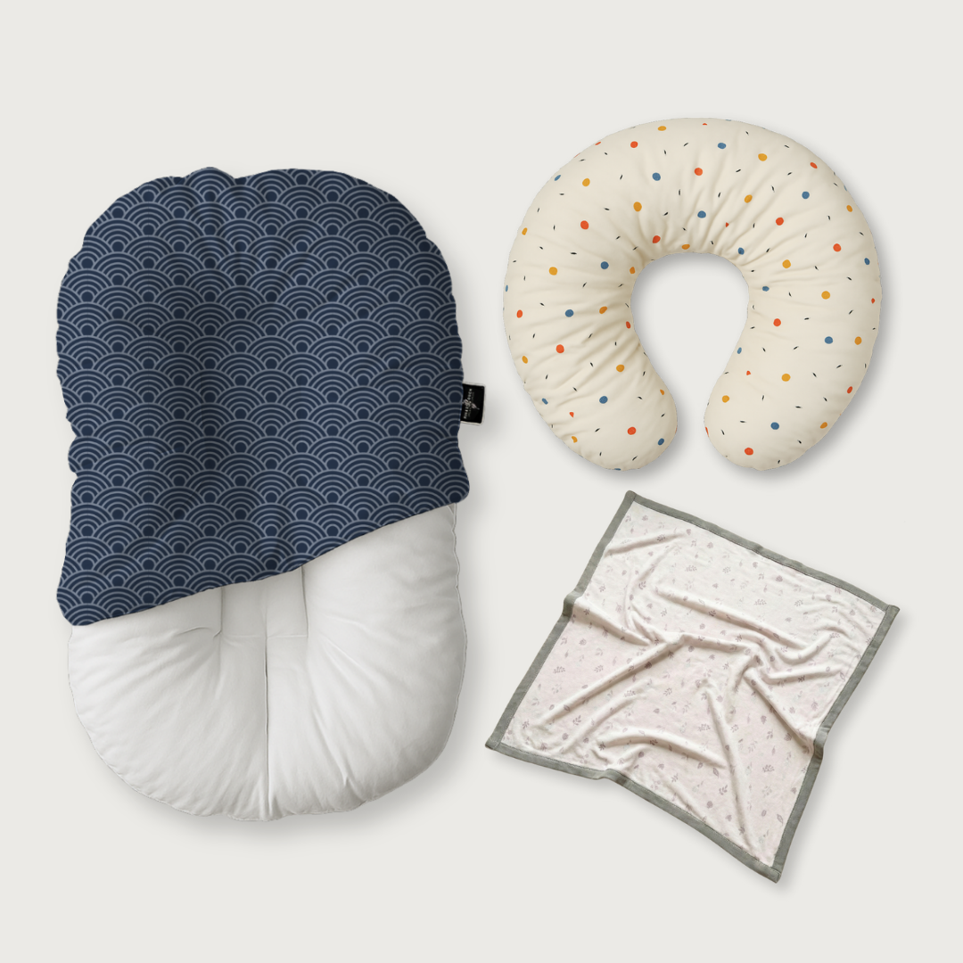 (Trio Bundle) Duck-Down Infant Lounger + Crescent Pillow + Bamboo Blanket