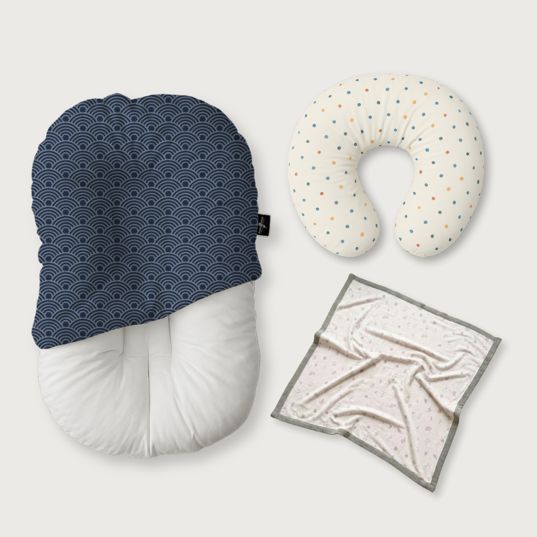 (Trio Bundle) Duck-Down Infant Lounger + Crescent Pillow + Bamboo Blanket