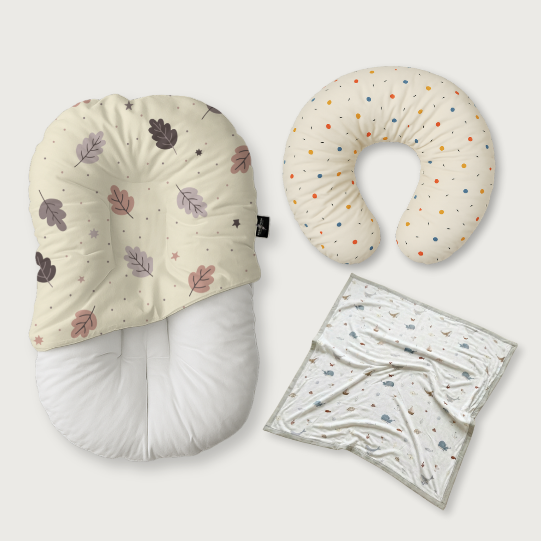 (Trio Bundle) Duck-Down Infant Lounger + Crescent Pillow + Bamboo Blanket