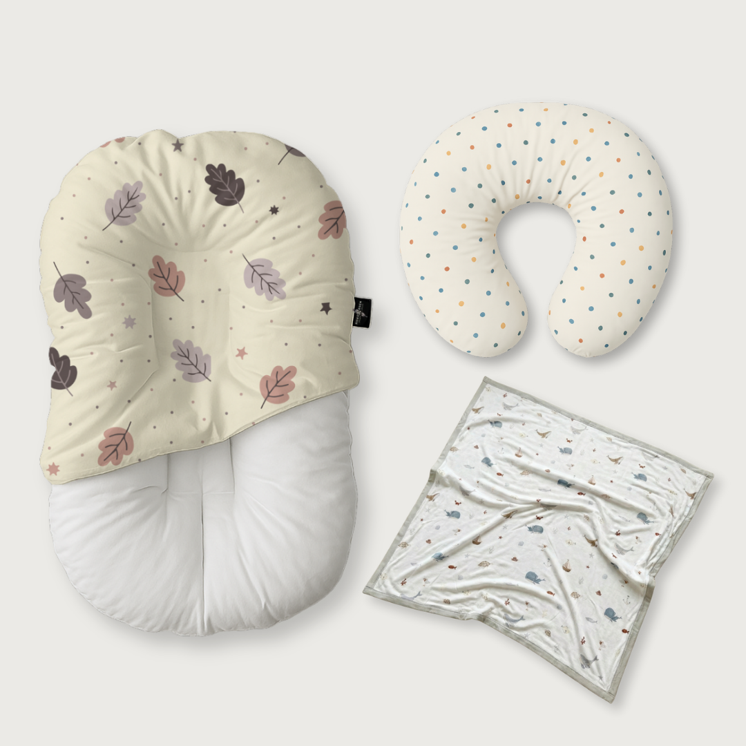 (Trio Bundle) Duck-Down Infant Lounger + Crescent Pillow + Bamboo Blanket