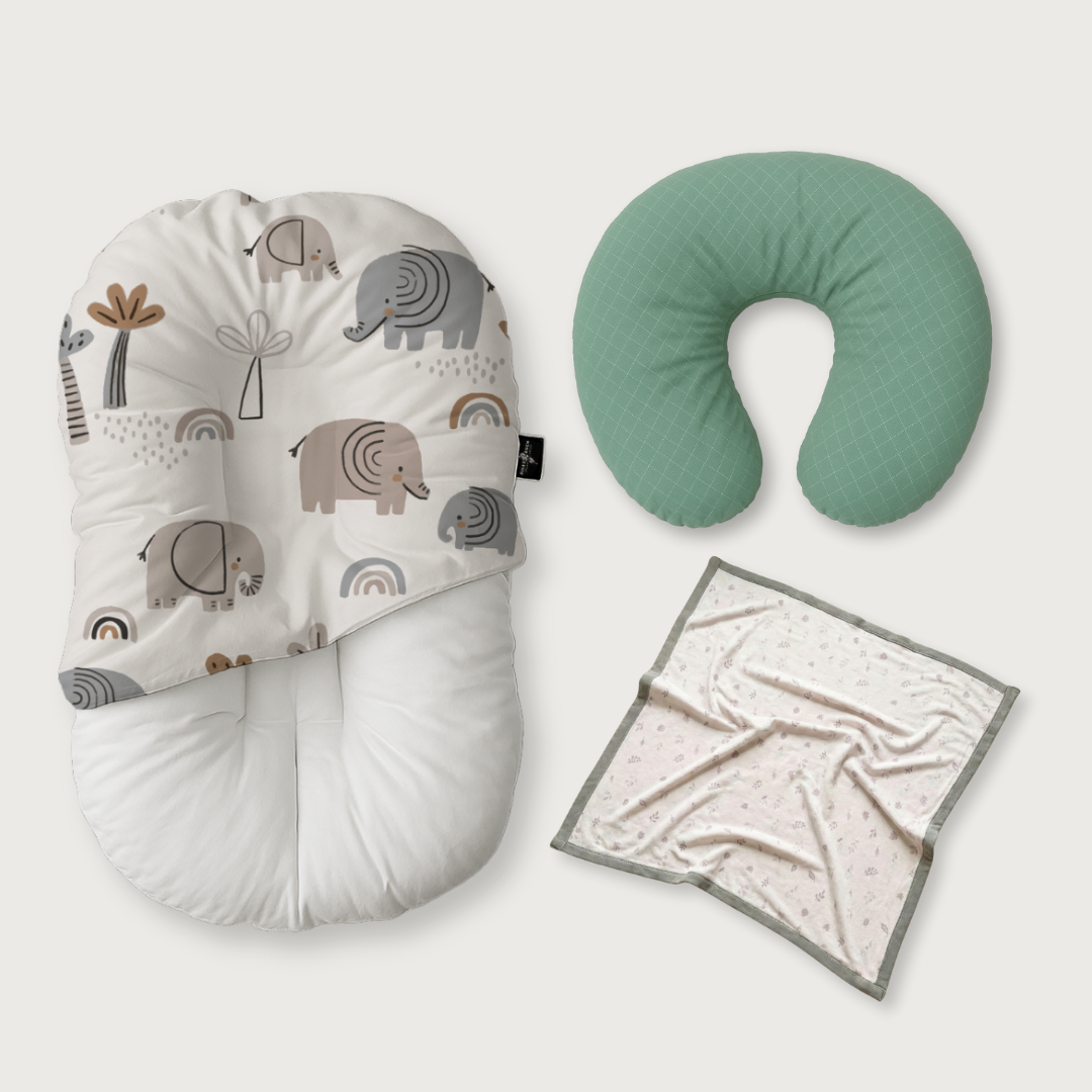 (Trio Bundle) Duck-Down Infant Lounger + Crescent Pillow + Bamboo Blanket
