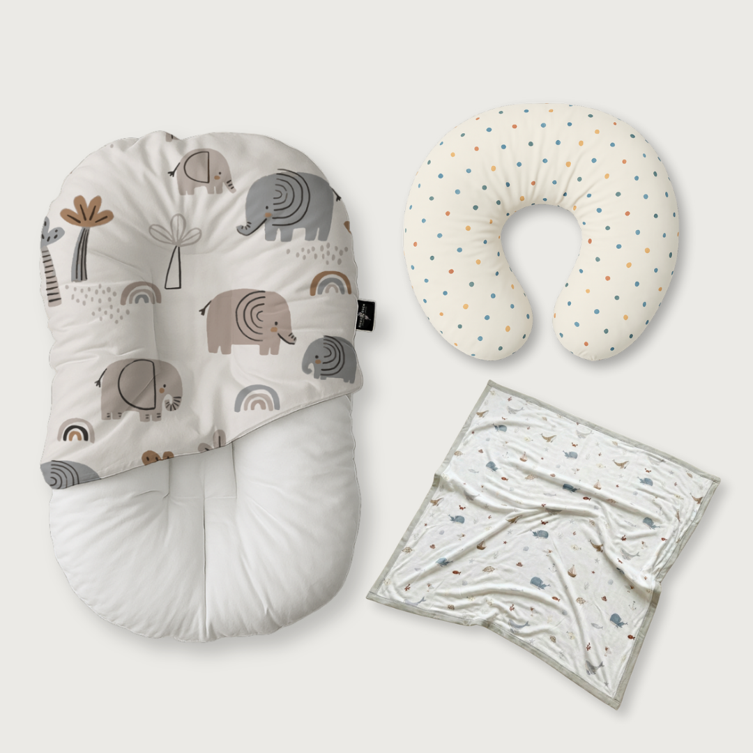 (Trio Bundle) Duck-Down Infant Lounger + Crescent Pillow + Bamboo Blanket