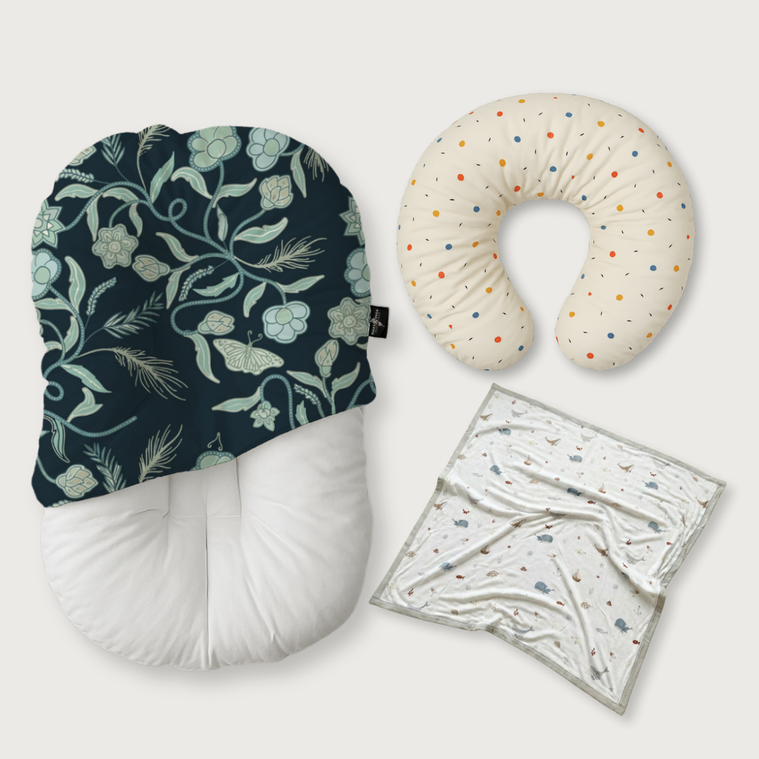 (Trio Bundle) Duck-Down Infant Lounger + Crescent Pillow + Bamboo Blanket