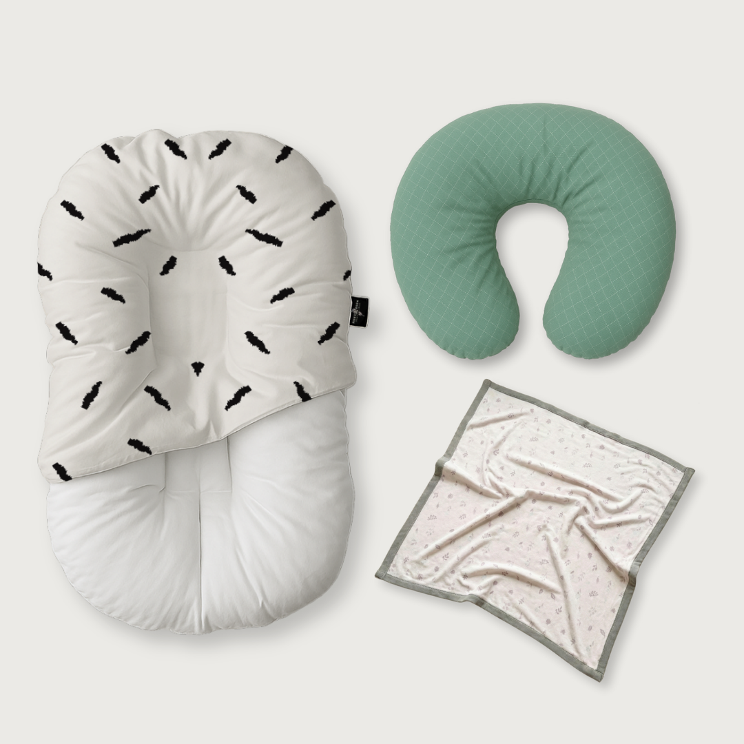 (Trio Bundle) Duck-Down Infant Lounger + Crescent Pillow + Bamboo Blanket
