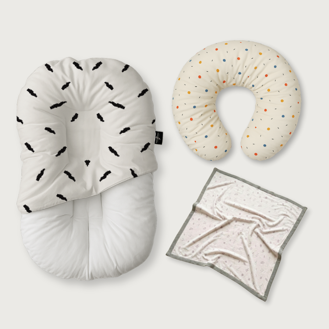 (Trio Bundle) Duck-Down Infant Lounger + Crescent Pillow + Bamboo Blanket