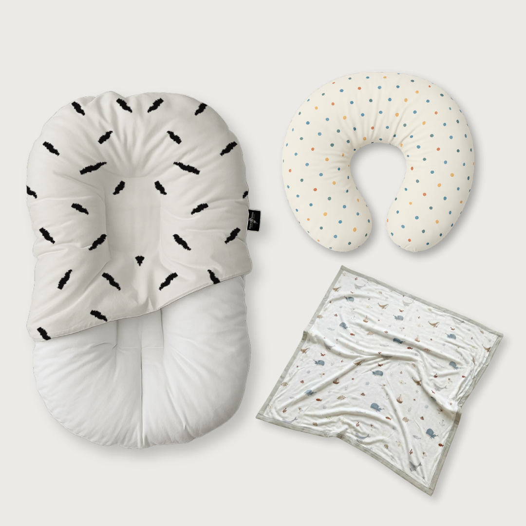 (Trio Bundle) Duck-Down Infant Lounger + Crescent Pillow + Bamboo Blanket