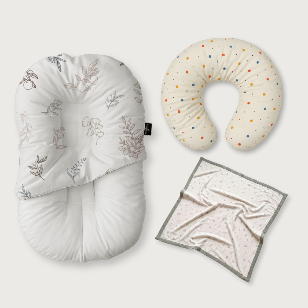 (Trio Bundle) Duck-Down Infant Lounger + Crescent Pillow + Bamboo Blanket