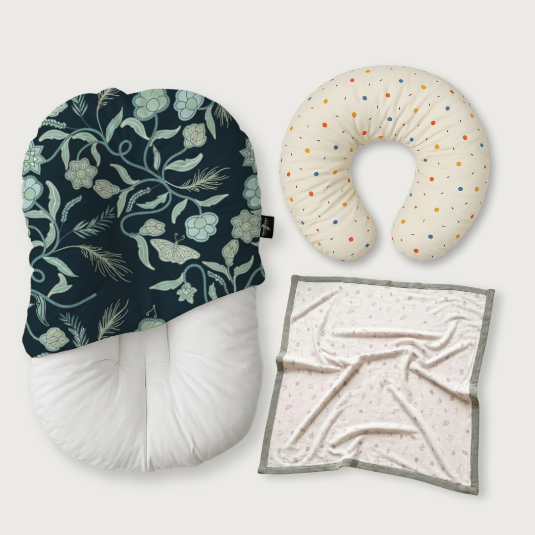 (Trio Bundle) Duck-Down Infant Lounger + Crescent Pillow + Bamboo Blanket